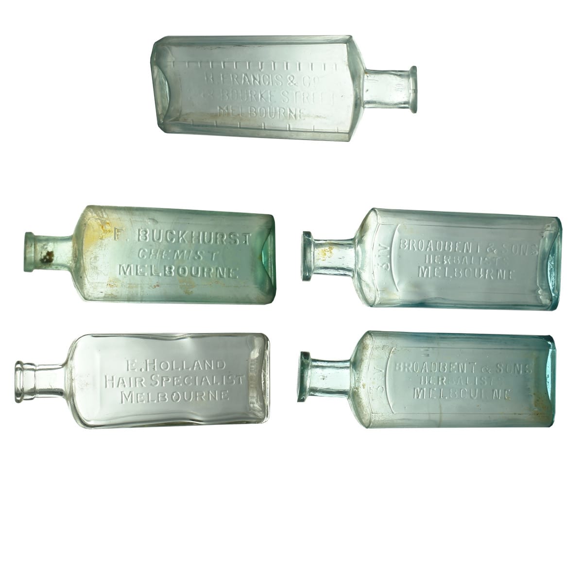 5 Chemist type bottles: H. Francis & Co Melbourne; F. Buckhurst, Melbourne; E. Holland, Melbourne; 2 x Broadbent & Sons Herbalists. (Victoria)