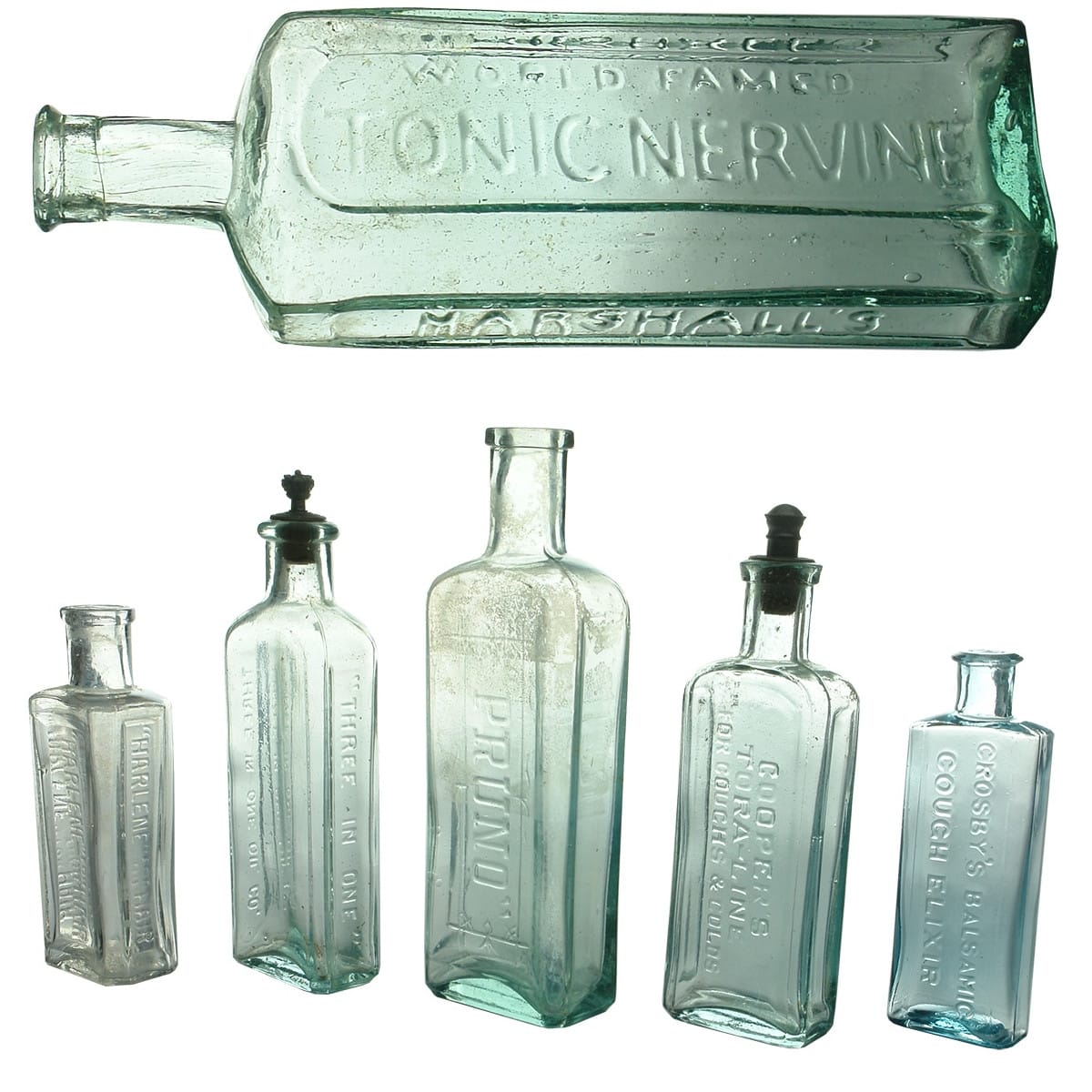 6 Chemist type bottles: Marshall's Tonic Nervine; Pruno; Three in One Oil; Cooper's Tora-line; Harlene; Crosby's Elixir.