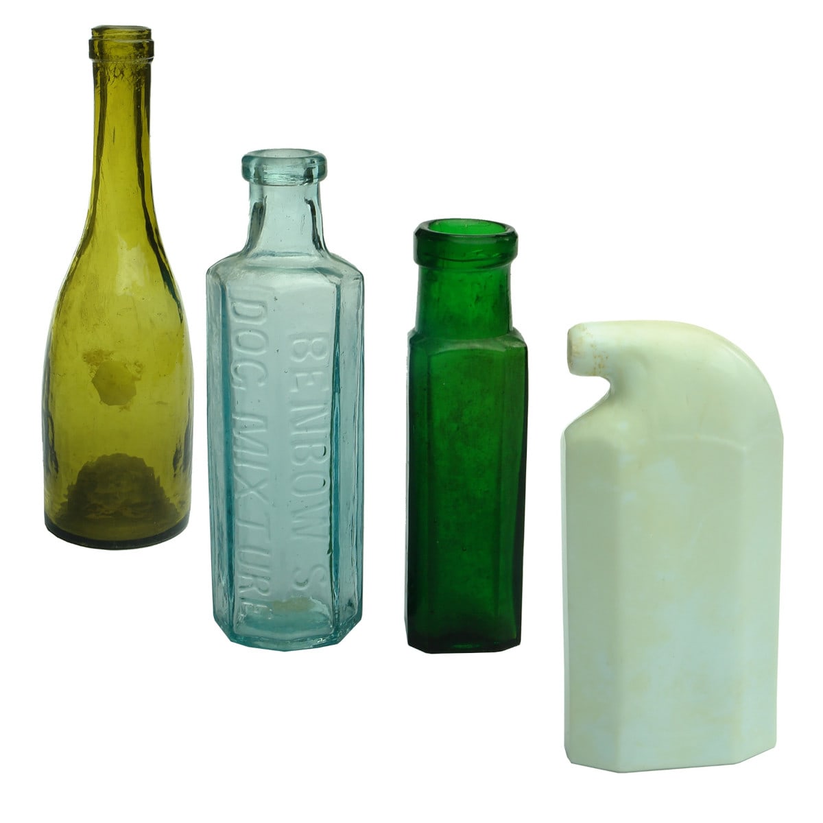 4 Small Bottles: Long neck liqueur; Benbows Dog Misture; Green Capers; Milk Glass Odol Mouth Wash.