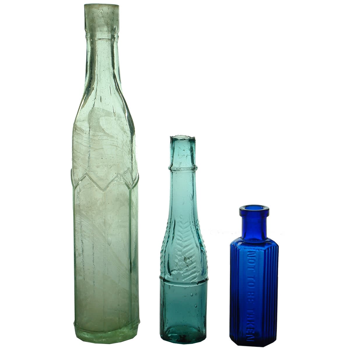 3 Small bottles: Arched pattern Salad Oil; Sample Herringbone type oil; Small blue Not to be Taken Poison.