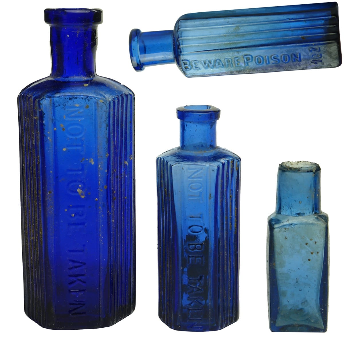 4 Poisons. Two sizes of Japanese Made Hexagonal Not To Be Taken Poisons; a small square shear lip bottle; Beware Poison. FBH. Hexagonal. Blue. 1 oz. (South Australia)