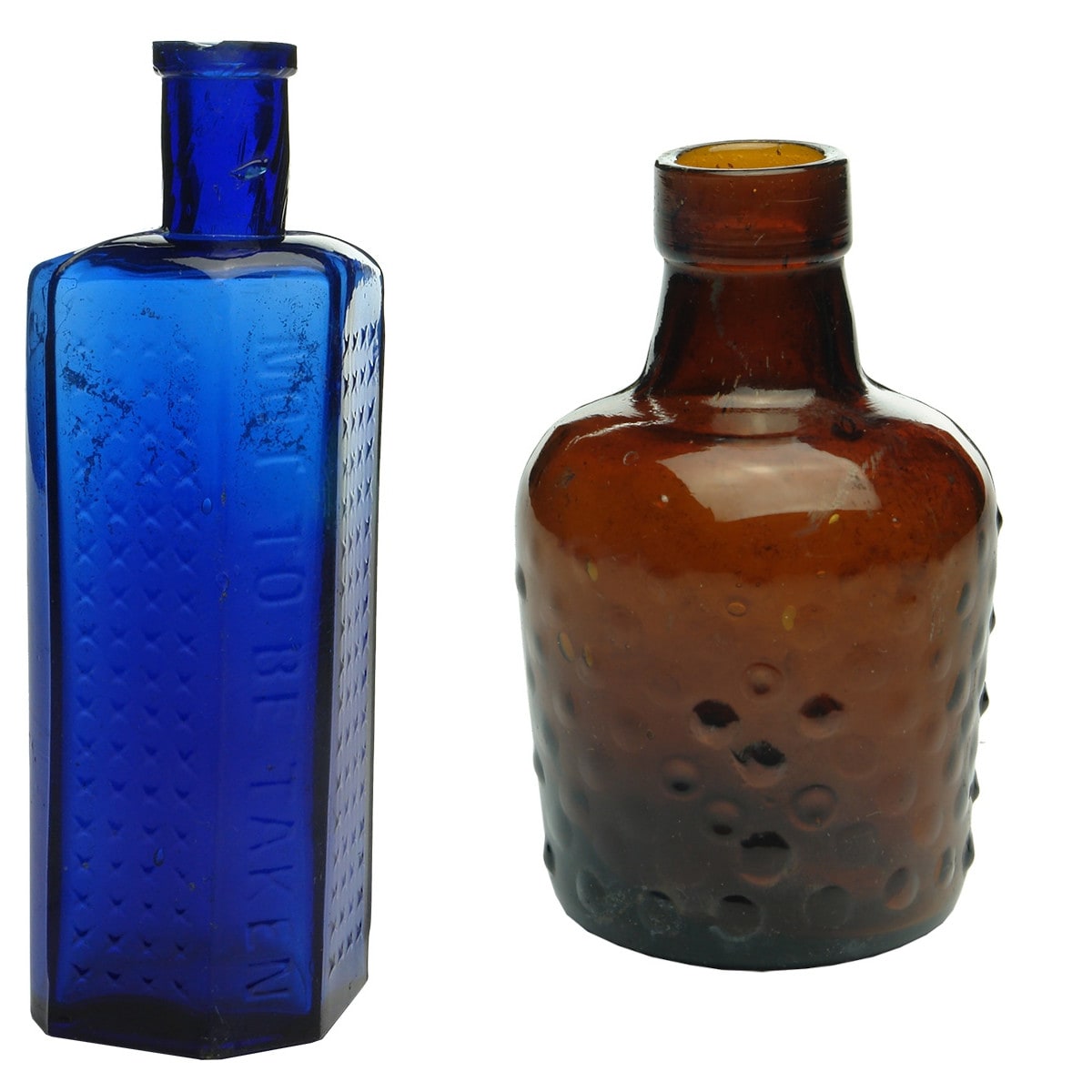 2 Poisons. Coffin or Irregular Hexagon. Not to be Taken. M base mark. 8 oz. & Kearns Munro Ltd., Sydney. Amber. Jug Poison. Lysol.