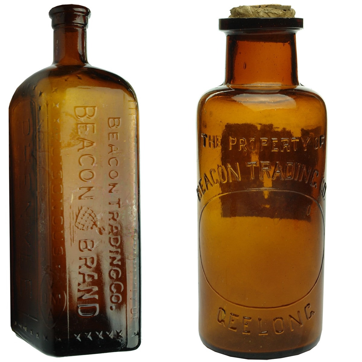 2 Beacon Trading Co Bottles: Amber Phenyle and Chemical jar with R. E. C. Dowling Chemist Ballarat label. (Victoria)