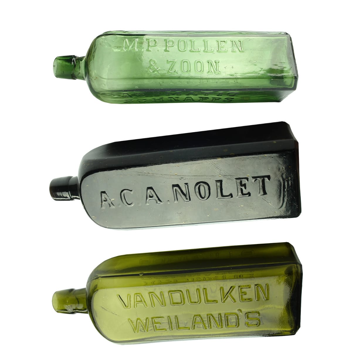 3 Nice Schnapps: M. P. Pollen & Zoon; A. C. A. Nolet (M base mark); Vandulken Weiland's.