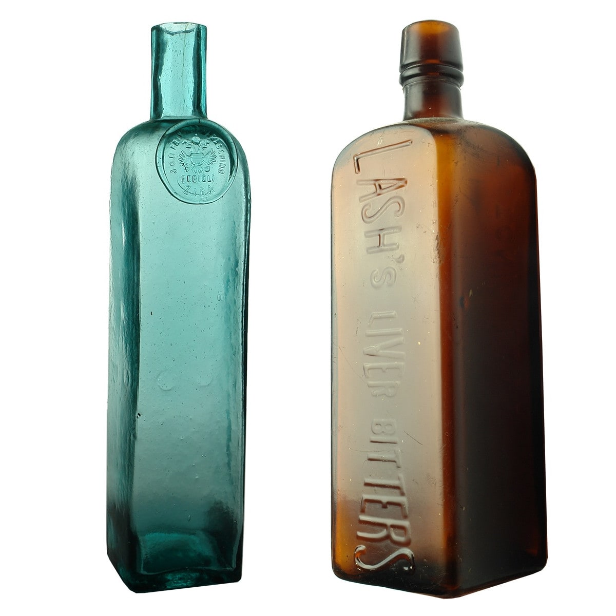 2 Bottles. Cherry Liqueur & Bitters. F. Drioli Zara. Maraschino. Blue Aqua and Lash's Liver Bitters. Amber.