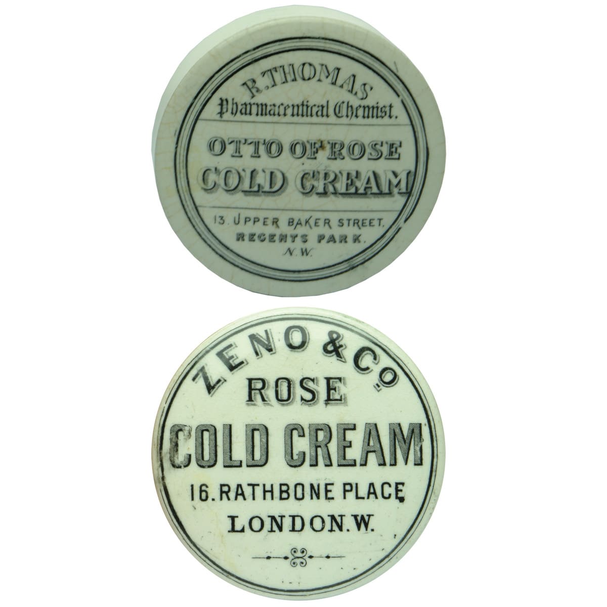 2 Cold Cream Pot Lids: R. Thomas, Regents Park and Zeno & Co, Rathbone Place London.