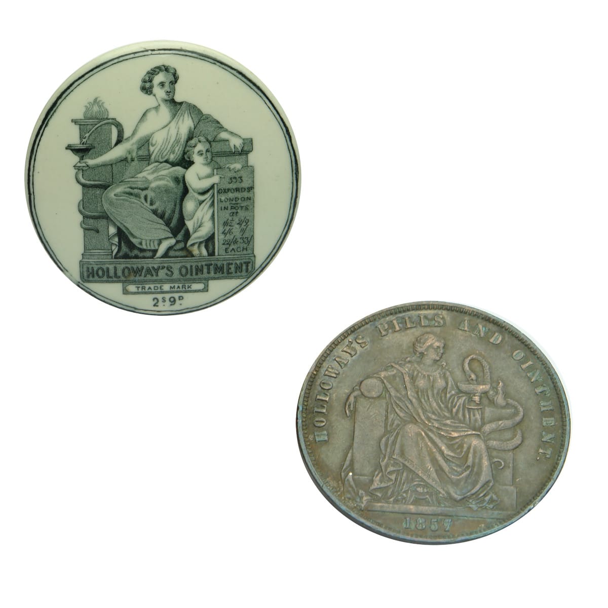 2 Holloways Items: Holloway's Ointment, 533 Oxford St., London. 2s 9d. Smaller Size Pot Lid. No base; Holloways Pills & Ointment 1857 Token. Counterstamped J Moore.