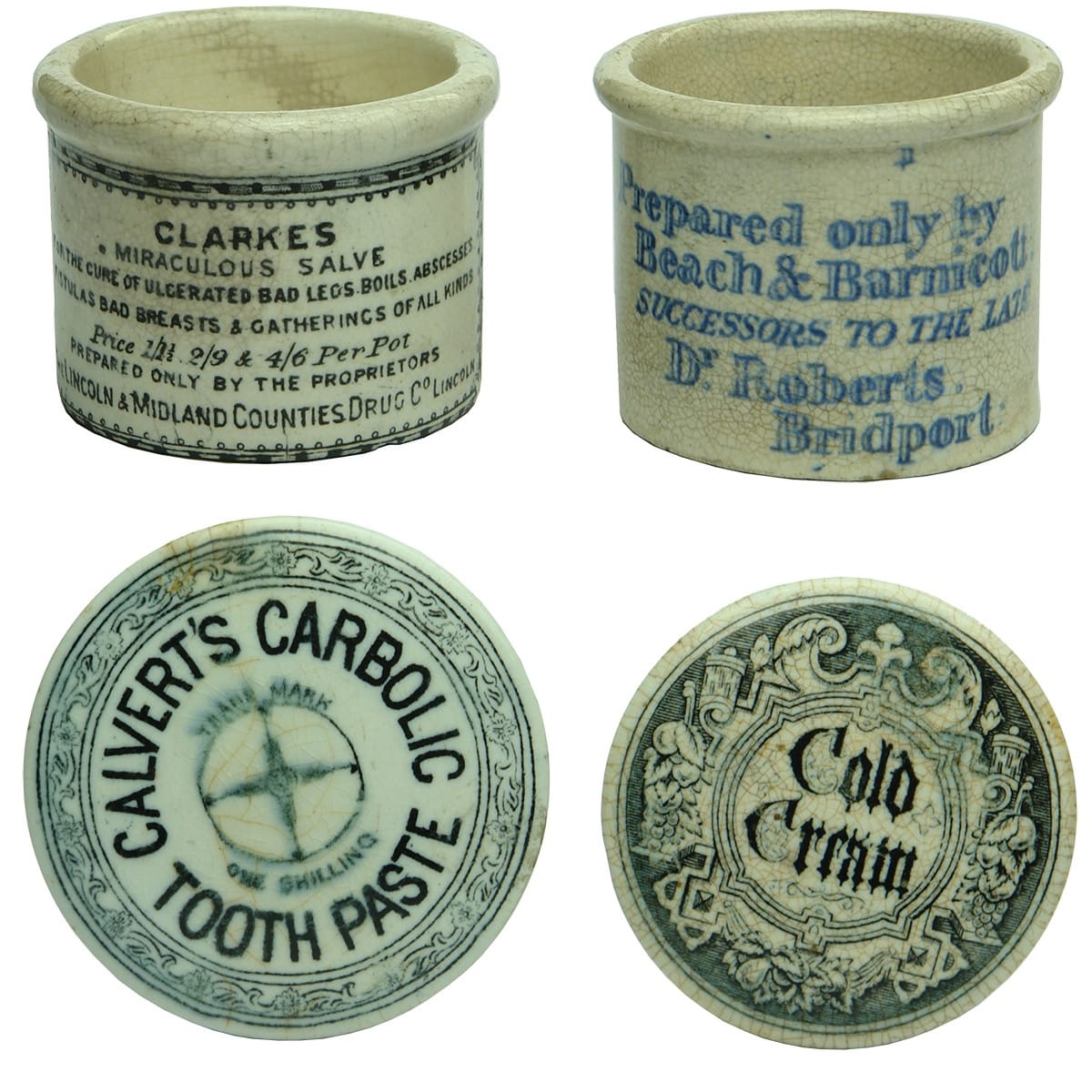 4 Printed Pots & Pot Lids: Poor Mans Friend; Clarke's Miraculous Salve; Calvert's Carbolic Tooth Paste; Cold Cream.