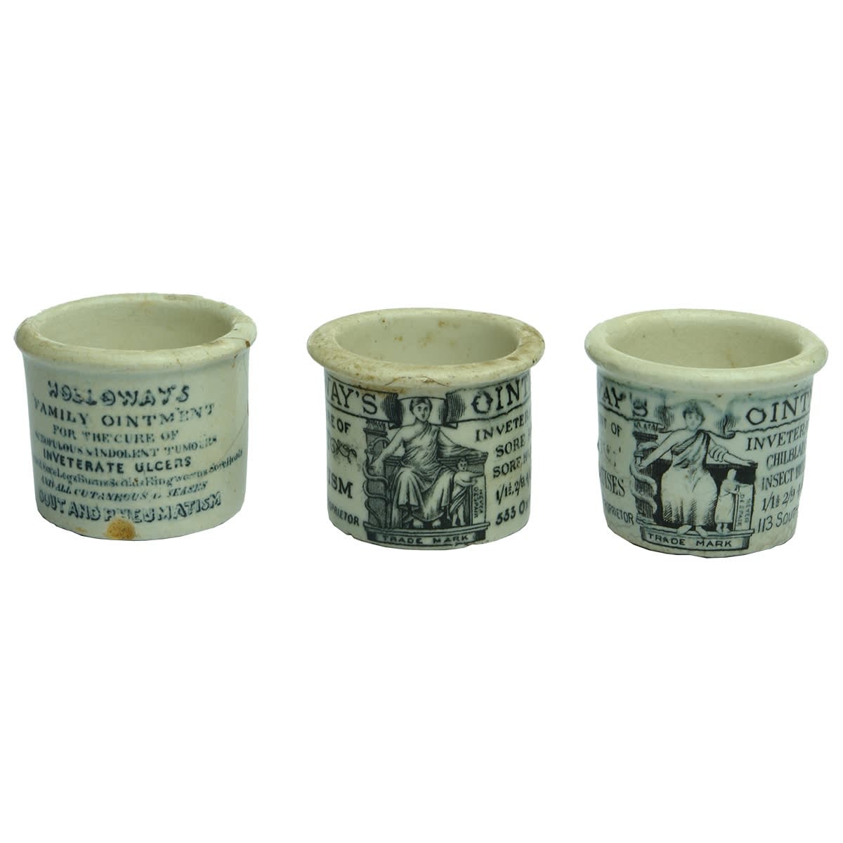 3 Holloways Ointment Pots. Family Ointment Strand; Oxford St; Southwark St.