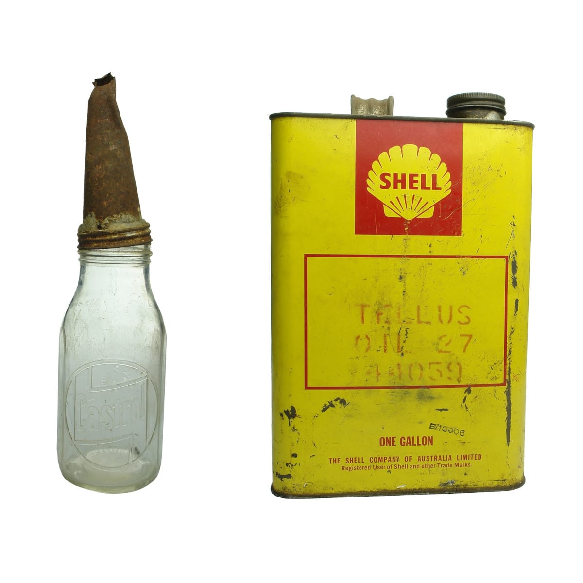 2 Oil Items:Castrol Limited Oil Bottle. Rusted tin pourer. Quart; The Shell Company of Australia Ltd Tellus Oil.