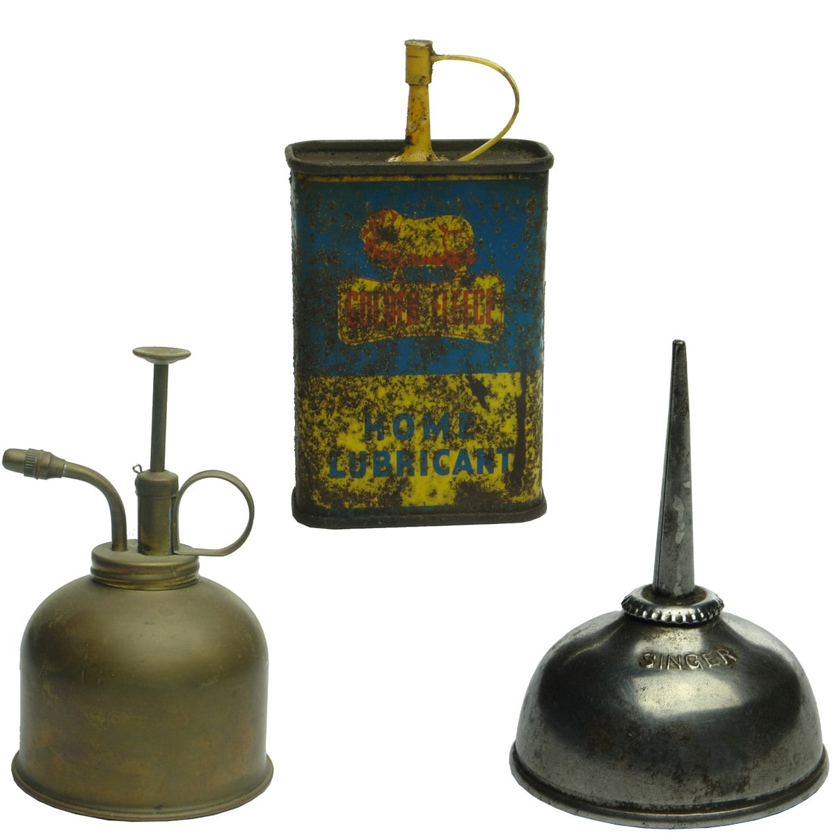 3 Oil tins: 555 Oil; Golden Fleece Home Lubricant; Singer Oil Tin.