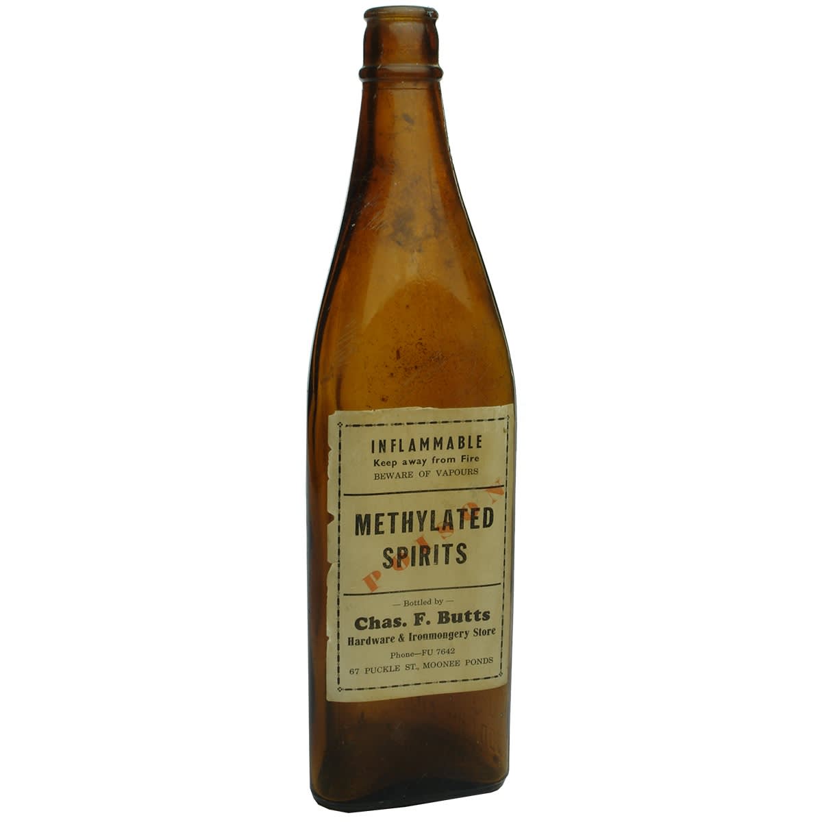 Garagenalia. Chas. F. Butts Hardware & Ironmongery Store, 67 Puckle St., Moonee Ponds, Methylated Spirits. Amber. 26 oz. (Victoria)