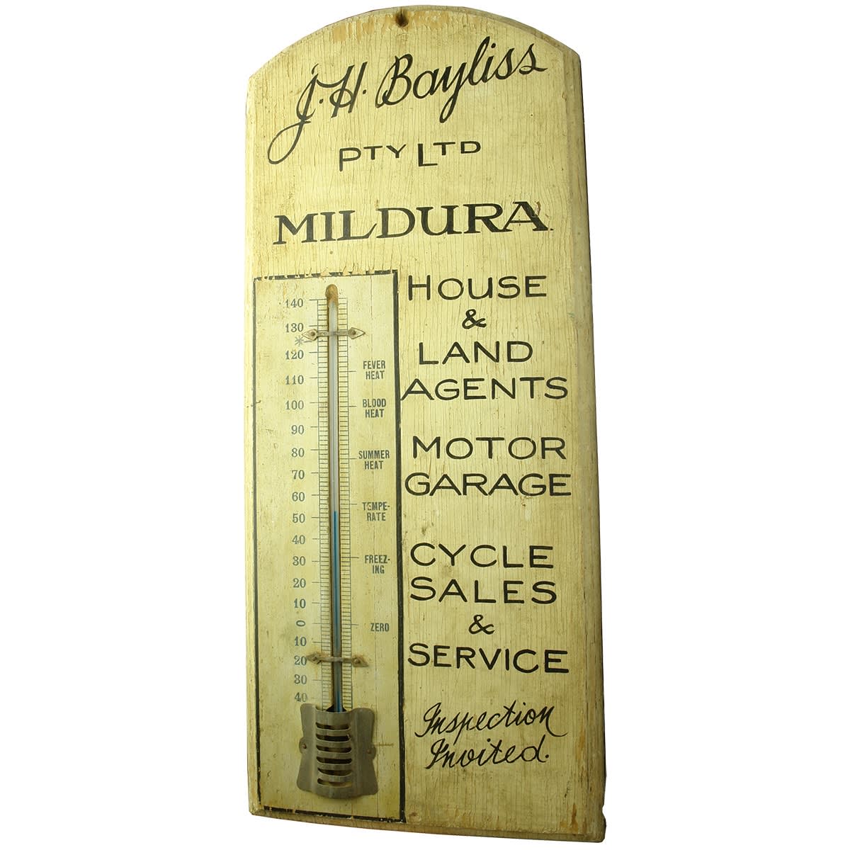 Miscellaneous. Large Advertising Thermometer for J. H. Bayliss Pty Ltd, Mildura, House & Land Agents, Motor Garage, Cycle Sales & Sevice. (Victoria)