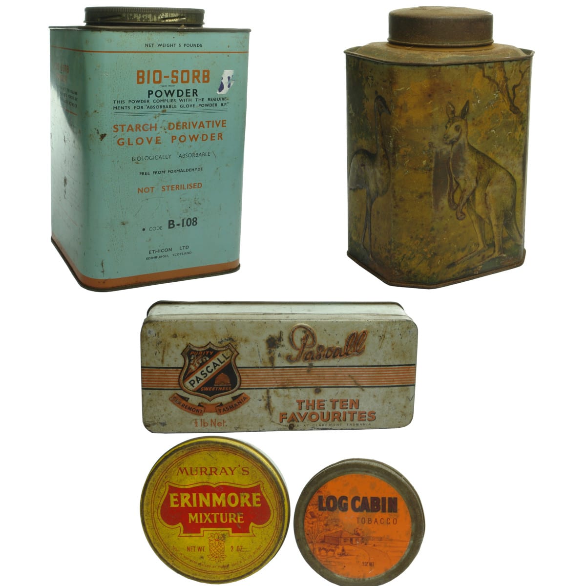 5 Tins: Bio-sorb Powder; Busell's Australian Fauna; Pascall The Ten Favourites; Murray's Erinmore Mixture; Log Cabin Tobacco.