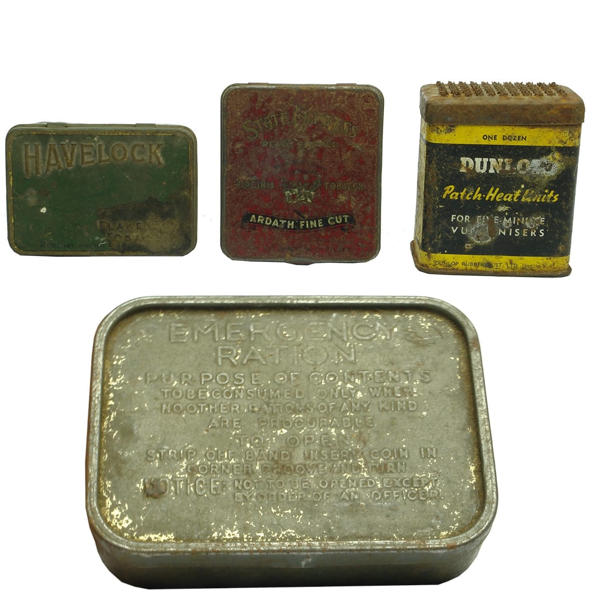 4 Tins. Havelock Aromatic Flake Cut Tobacco Tin, Melbourne, 2 oz.; State Express Ardath Fine Cut Tobacco Tin, 2 oz.; Dunlop Patch-Heat Units Tin; .Army Emergency Ration Tin.