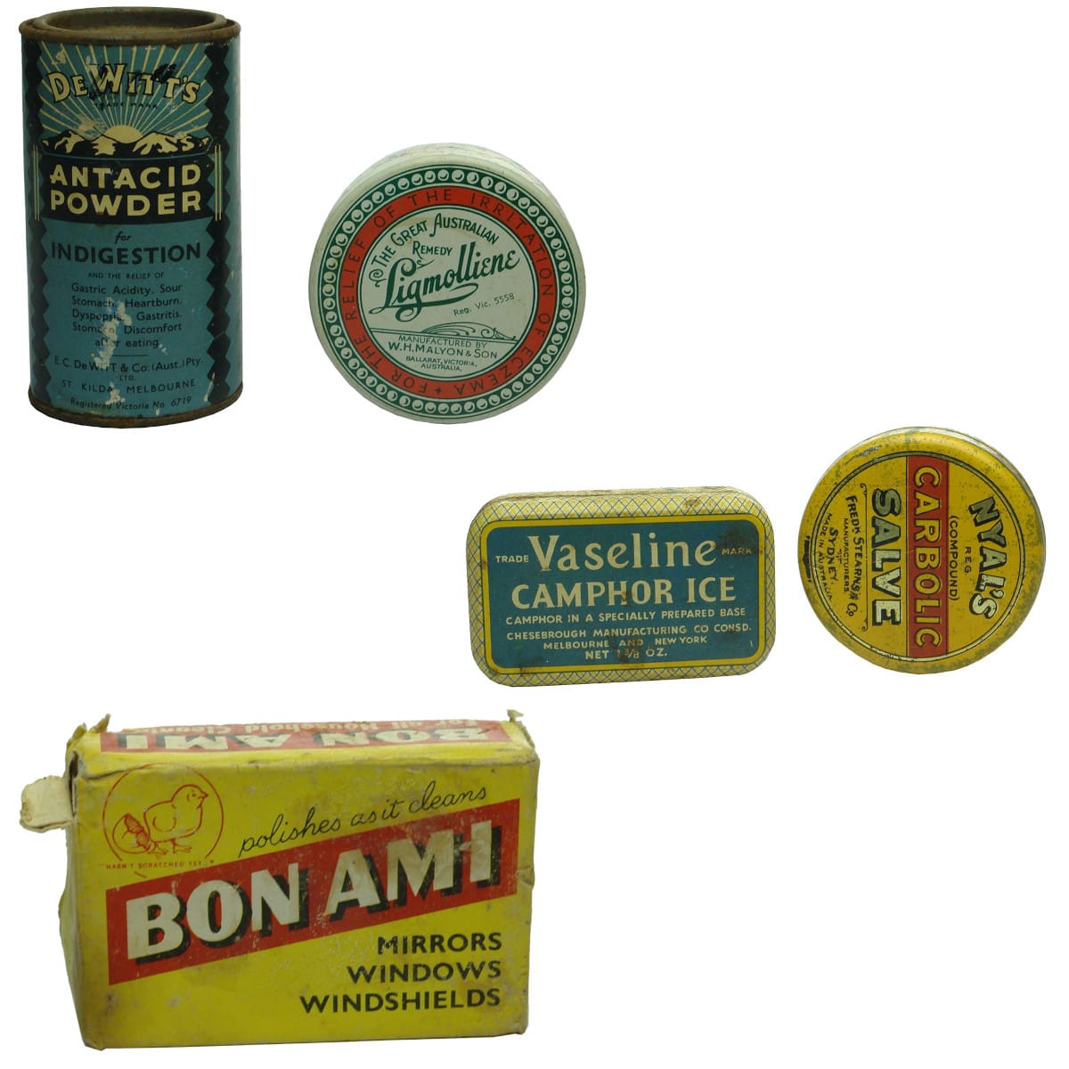 5 Items: 4 tins and Bon Ami polish soap. DeWitts Antacid; Malyon & Son Ballarat Ligmolliene; Nyal's Carbolic Fred Stearns Sydney; Vaseline Camphor Ice.