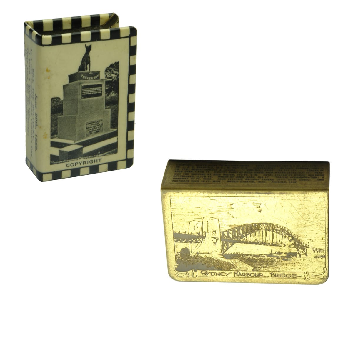 2 Matchbox Holders. Gundagai Hospital Dog On The Tuckerbox Celluloid; Brass Sydney Harbour Bridge Matchbox Holder, made for Prouds Ltd., Sydney. (New South Wales)