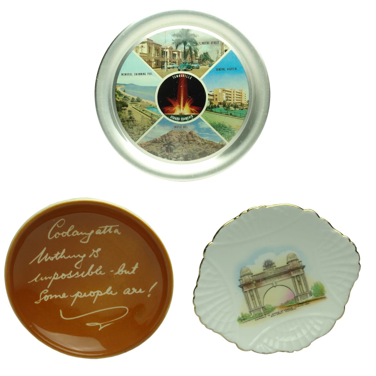 3 Souvenir Items: Metal Souvenir Serving Tray. Townsville; Coolangatta Souvenir Plate Harry Memmott Pottery; Souvenir Shelley Pottery Dish, Avenue of Honour Ballarat, Tunbridge & Sons.