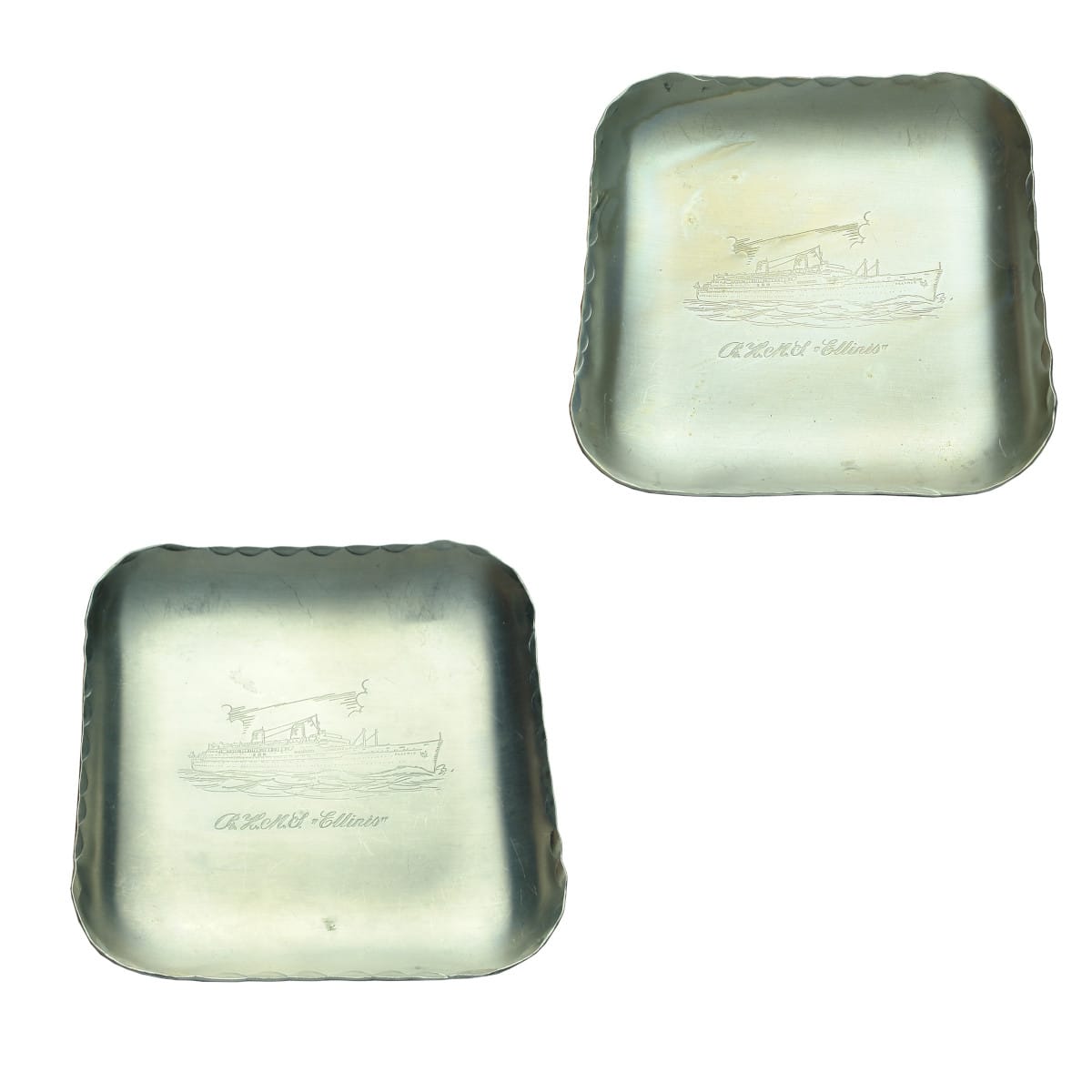 2 small Aluminium trays or plates. R. H. M. S. Ellinis. engraved.