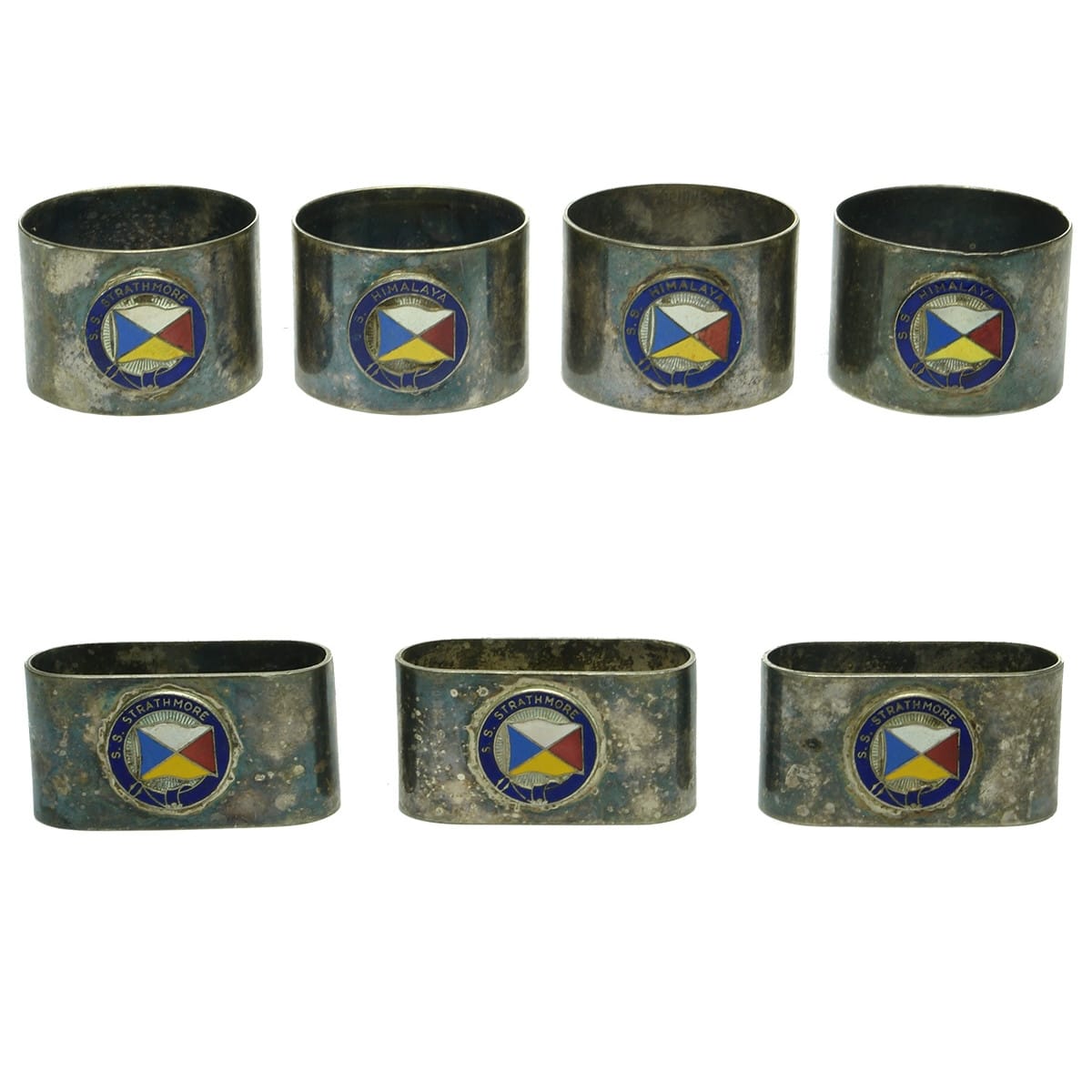 7 EPNS Serviette Rings with enamel badges: 4 x S. S. Himalaya, 3 x S. S. Strathmore. P & O. Peninsular & Oriental Steam Navigation Co.