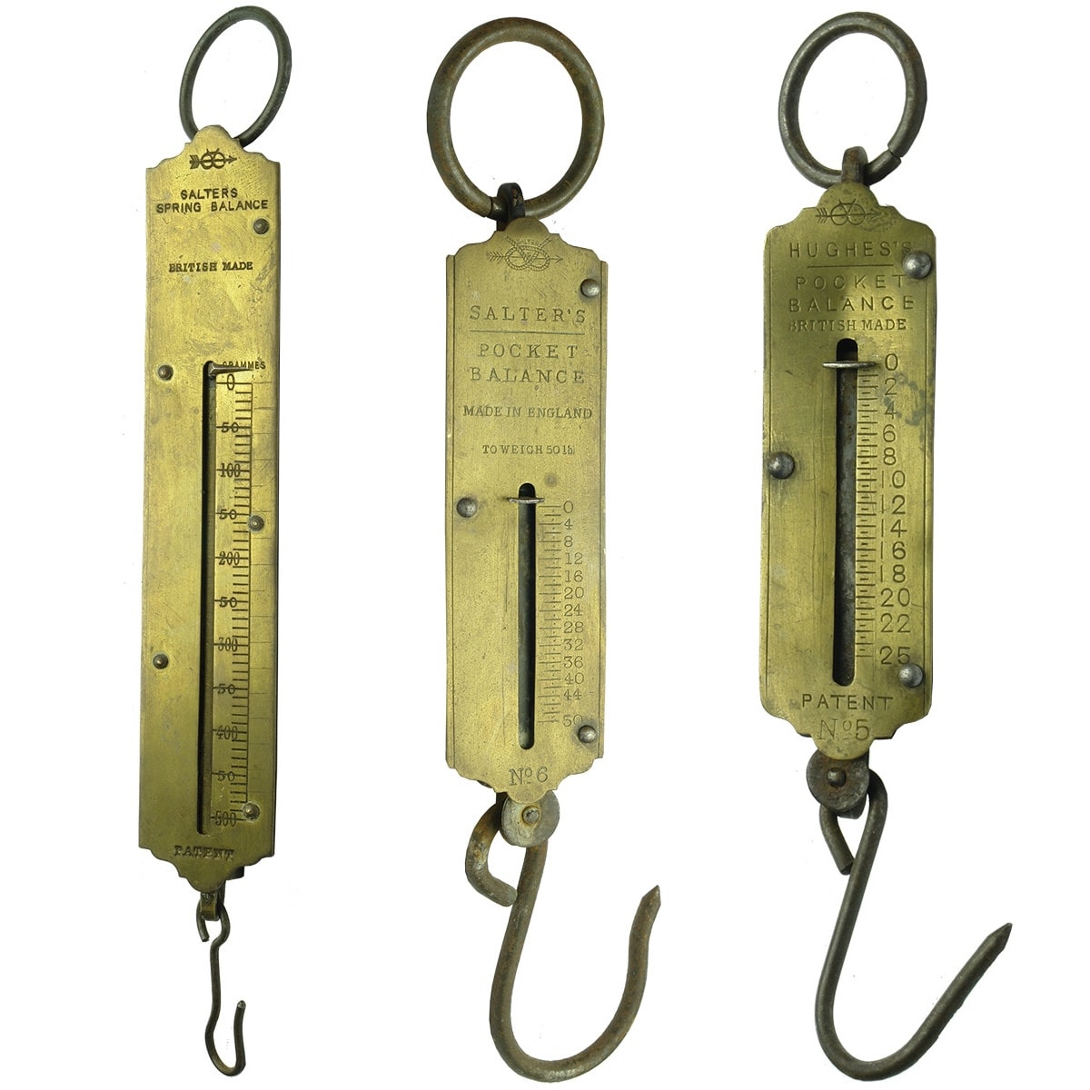 Metalware. Three Spring Balances: 1. Salter's Spring Balance, 500 grams. 2. Salter's Pocket Balance, 50 Pounds. 3. Hughes's Pocket Balance, 25 Pounds.