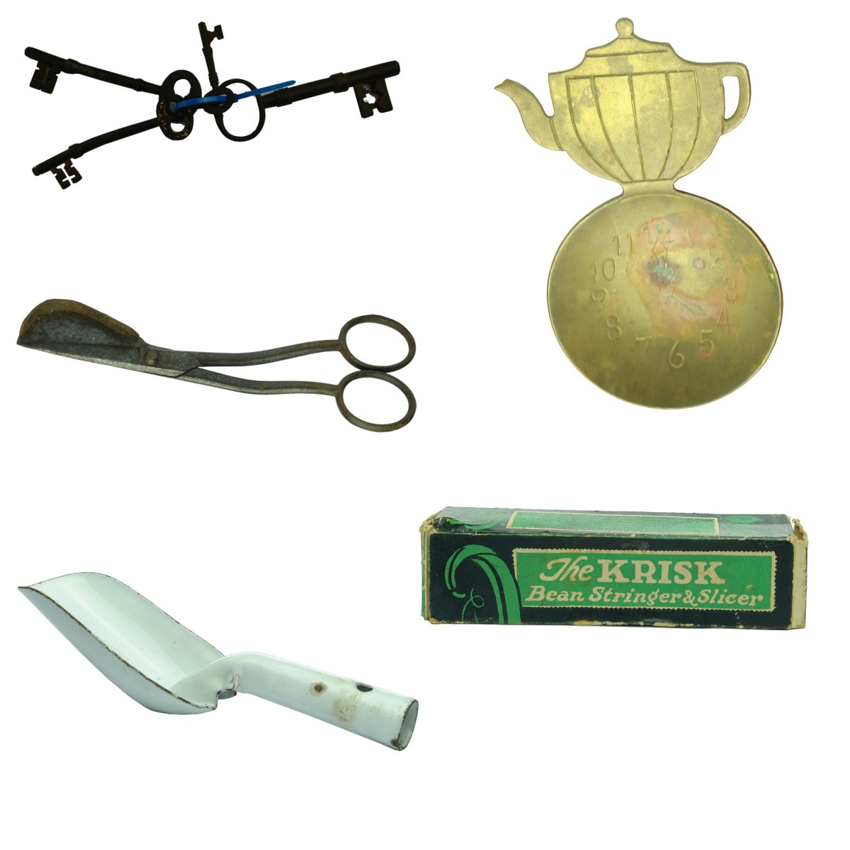 Metalware & Kitchenalia: 4 early keys; Brass Tea Caddy Spoon; Swift, Sheffield Wick Trimmer; Enamel Scoop; Krisk Bean Stringer.