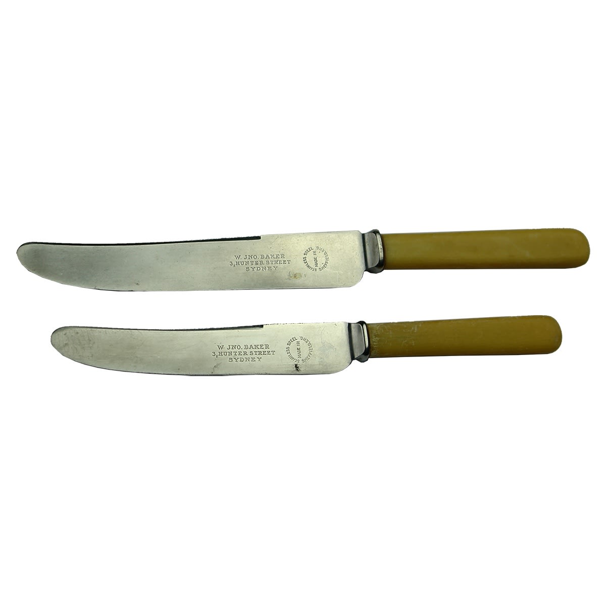 2 Bone Handled Knives. W. Jno Baker, 3, Hunter Street Sydney. Stainless Steel. Made in Sheffield. (New South Wales)