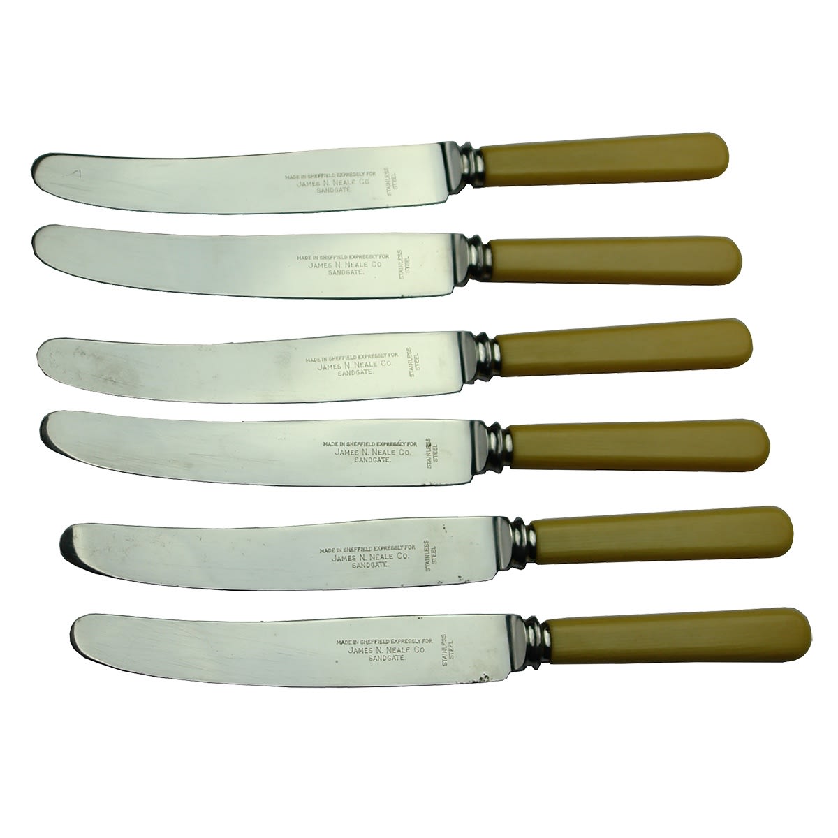 6 Bone Handled Knives. Made in Sheffield expressly for James N. Neale Co. Sandgate. Stainless Steel. (Queensland)