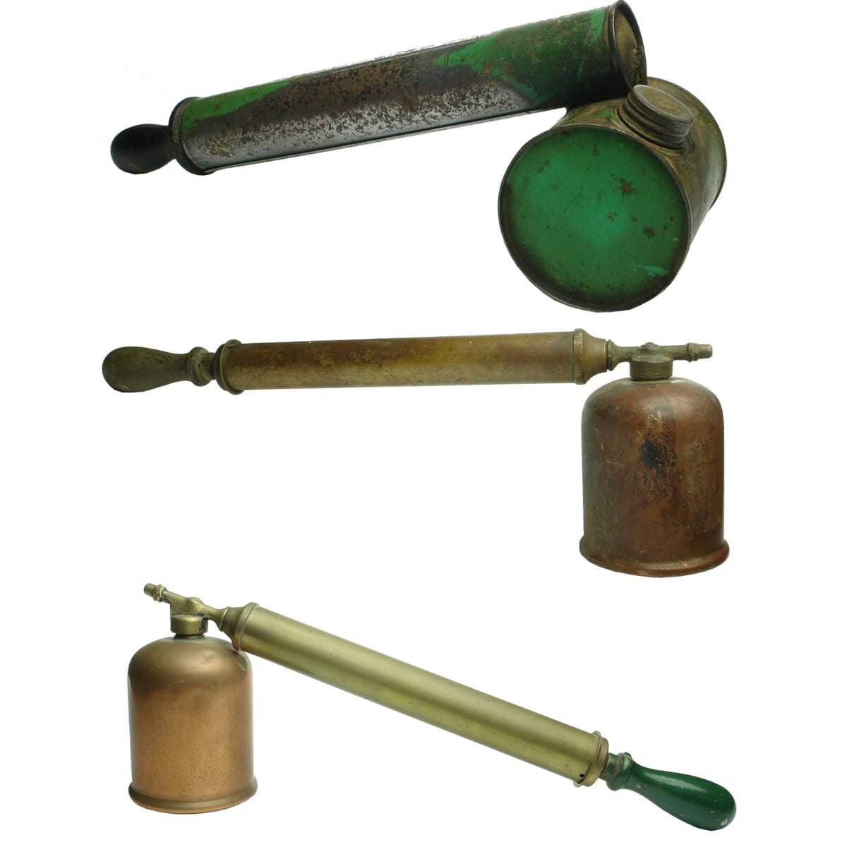 Metalware. Painted tin insect sprayer; 2 different Rega brass & copper insect sprayers.