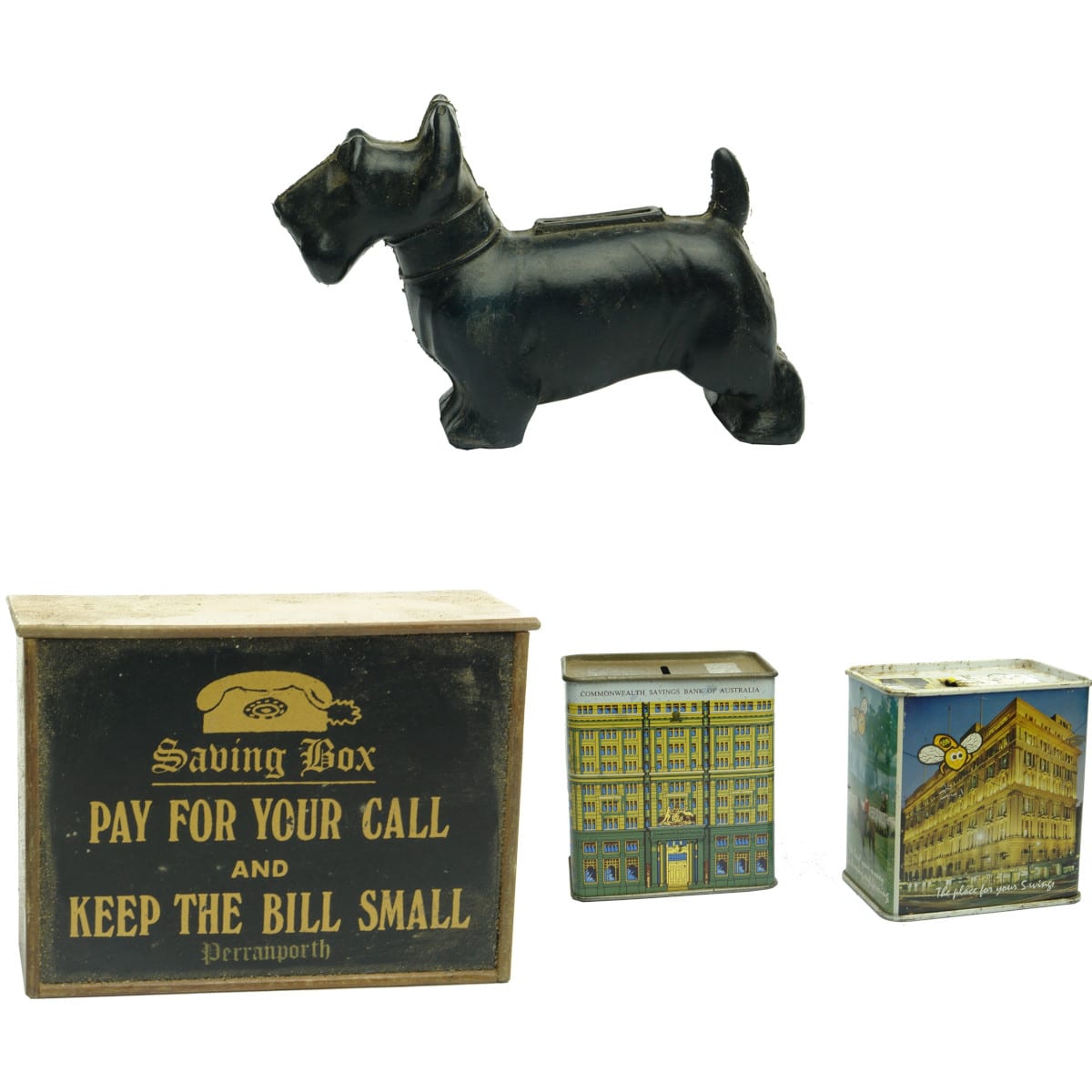 Money Boxes. Plastic Scotch Terrier E. S. & A. Saving Bank; Wooden Savings Box, Pay for your call, Perranporth; Tin Commonwealth Savings Bank of Australia Building Money Box; Tin State Savings Bank of Victoria Money Box with Various Scenes.