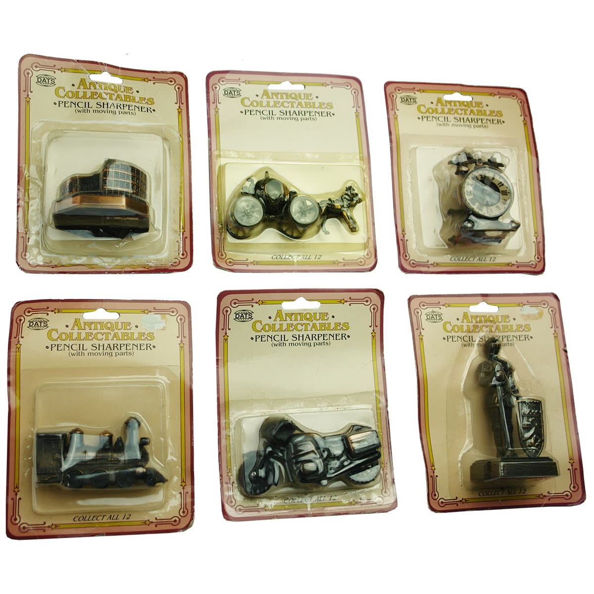 Miscellaneous. DATS Antique Collectables Pencil Sharpener Collection: 1. Colosseum. 2. Pumpkin Coach. 3. Old Clock. 4. Train. 5. Classic Bike. 6. Knight in Armour.