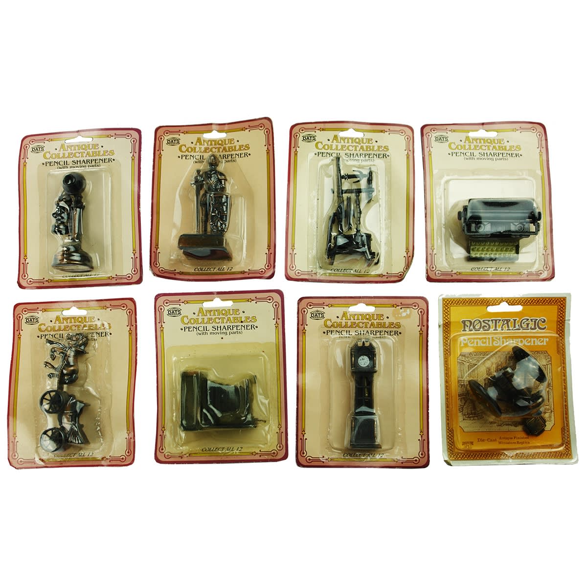 Miscellaneous. DATS Antique Collectables Pencil Sharpener Collection: 1. Old Telephone. 2. Knight in Armour. 3. Spinning Wheel. 4. Typewriter. 5. Horse & Carriage. 6. Antique Camera. 7. Grandfather Clock. 8. Miniature Replica Cannon.