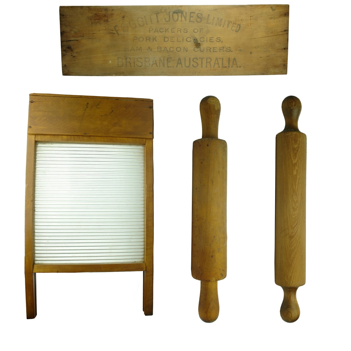 4 Wooden Items: Foggitt Jones Ltd Box End; Wooden Wash Board; 2 Wooden Rolling Pins.