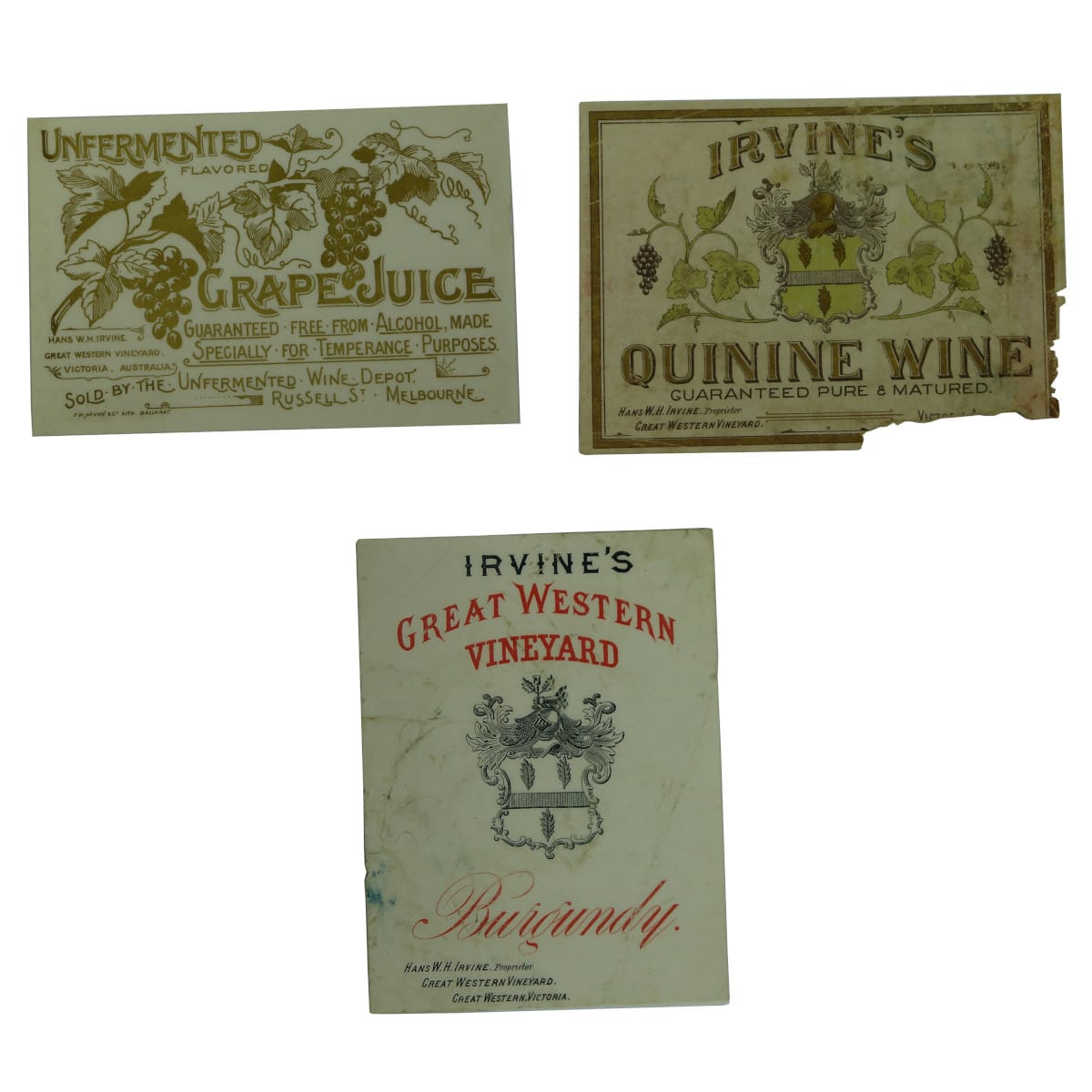 3 Wine labels. Unfermented Grape Juice; Quinine Wine; Burgundy. Great Western Vineyard. Hans Irvine. (Victoria)