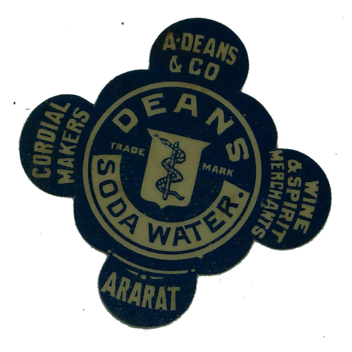 Ephemera. A. Deans & Co., Ararat, Soda Water Cap Label. (Victoria)