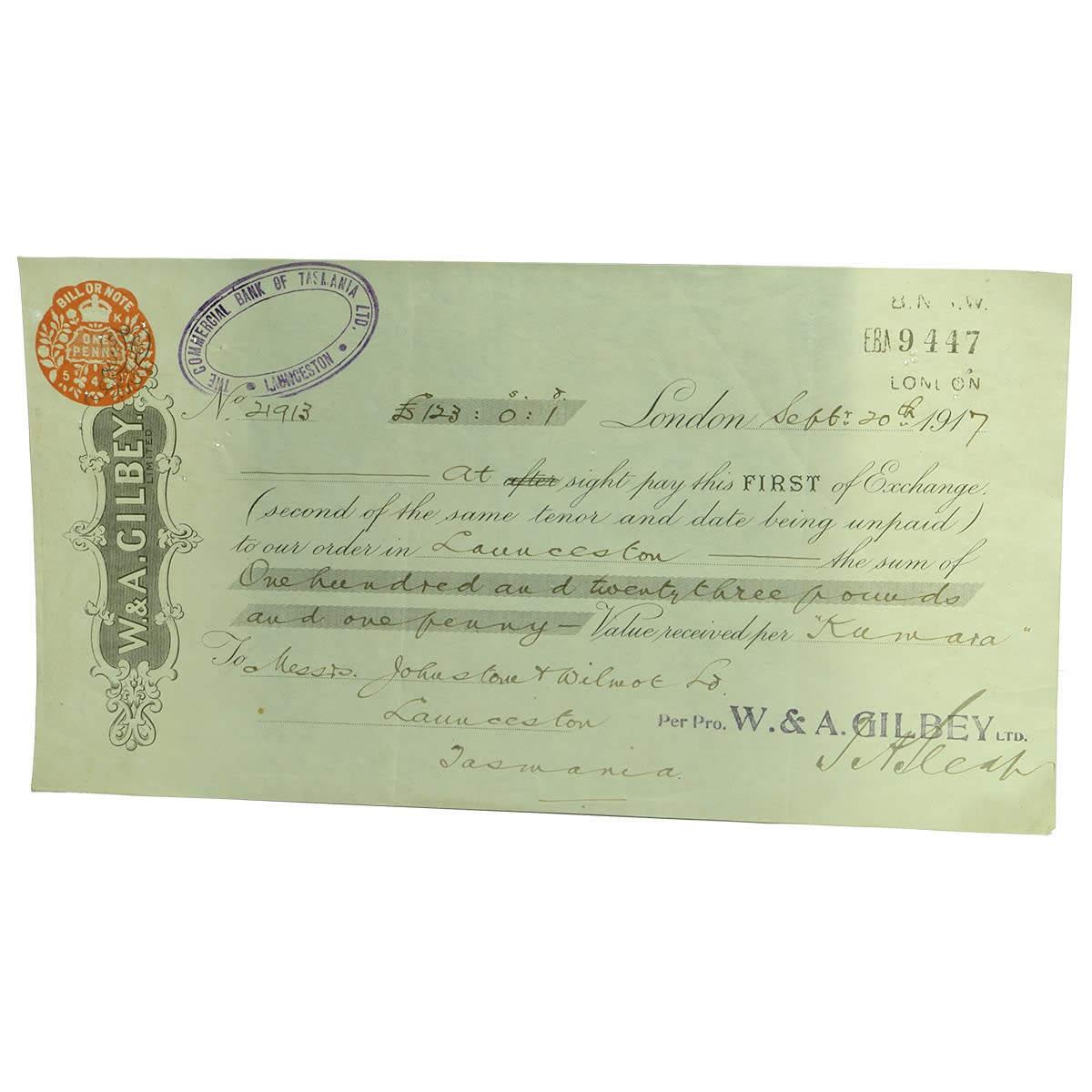 Ephemera. Early Bill or Note, Commercial Bank of Tasmania Ltd., Launceston, from W. & A. Gilbey Limited to Johnstone & Wilmot, Launceston, September 20th, 1917. (Tasmania)