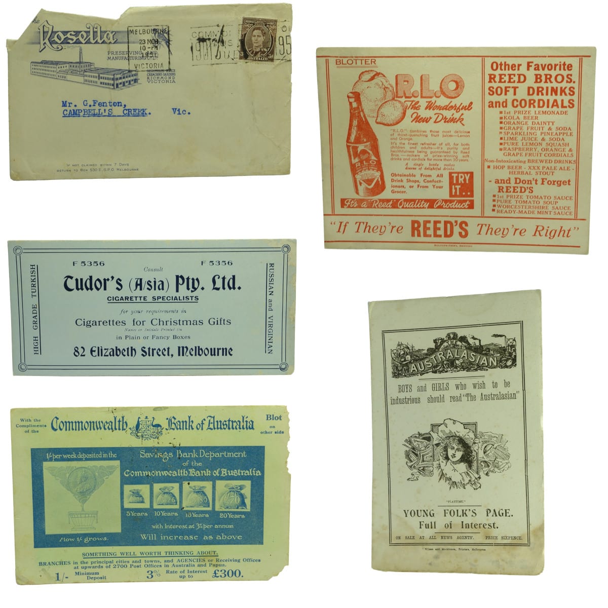 Ephemera. Rosella, Cremorne Gardens, Richmond Envelope; Reed Bros., Bendigo Advertising Blotter with Bottle; Tudor's Cigarette Specialists, Melbourne Advertising Blotter; Commonwealth Bank of Australia Advertising Blotter; The Australasian Advert.