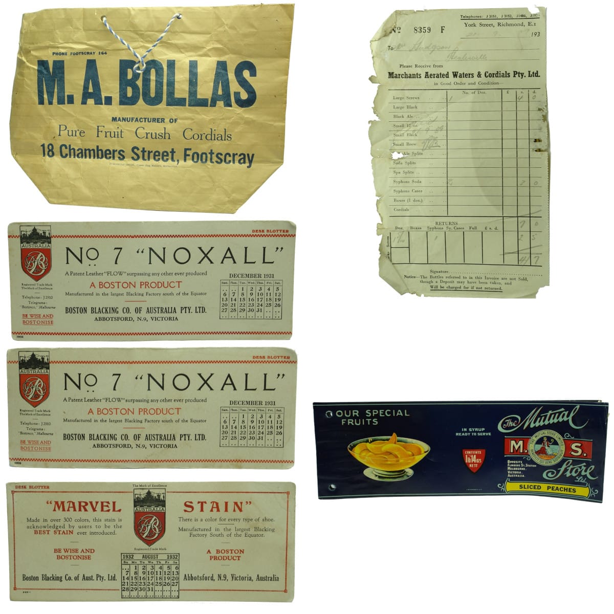 Ephemera. Show Bag M. A. Bollas Confectionery, Footscray. 3 x Blotters The Boston Blacking Co., Abbotsford.  Invoice Marchants Aerated Waters & Cordials Pty. Ltd., Richmond.  6 x Mutual Stores Sliced Peaches. (Melbourne, Victoria)