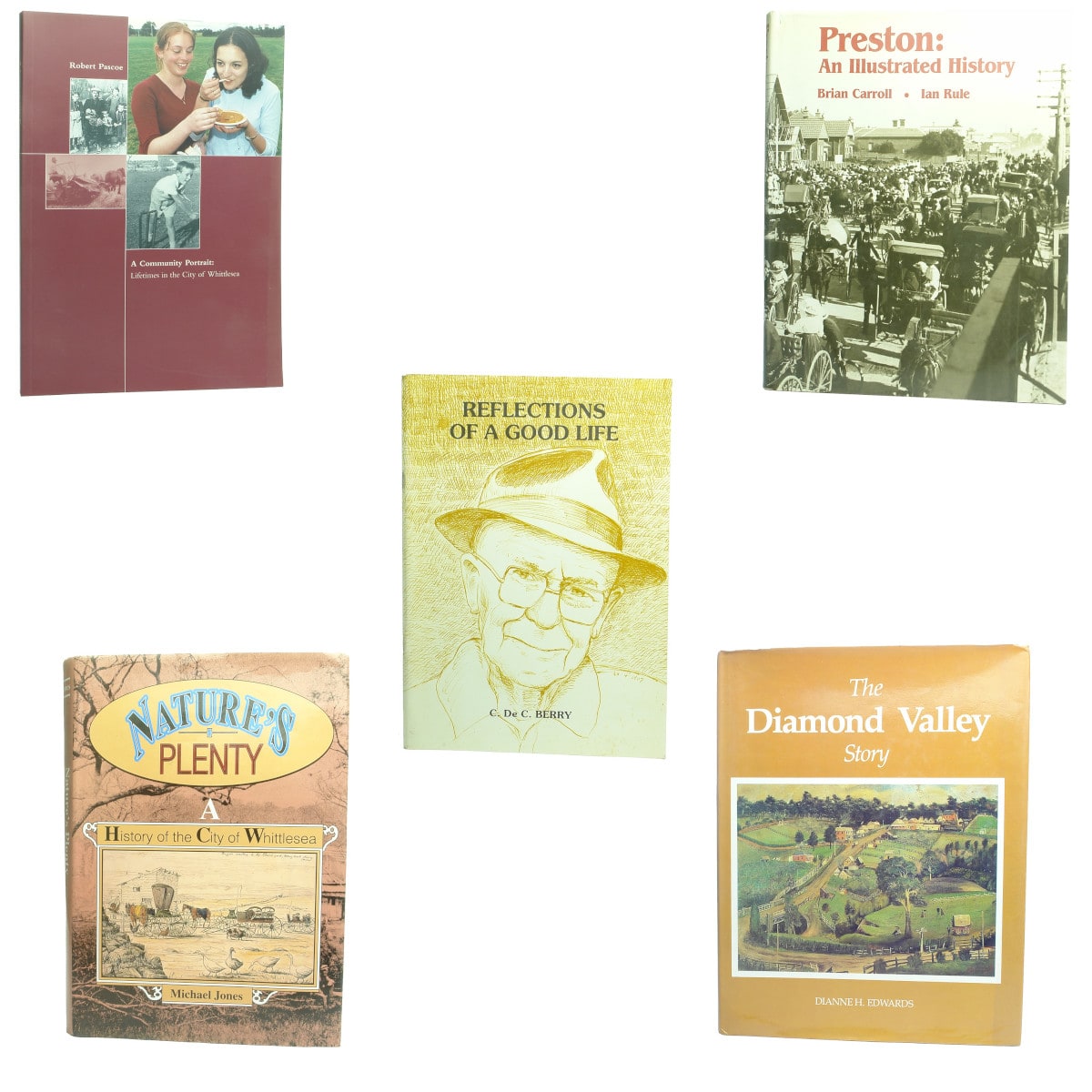 5 Books: 1. A Community Portrait: Whittlesea. 2. Preston: An Illustrated History. 3. Reflections of a Good Life.; 4. Nature's Plenty, A History of the City of Whittlesea. 5. The Diamond Valley Story. (Victoria)