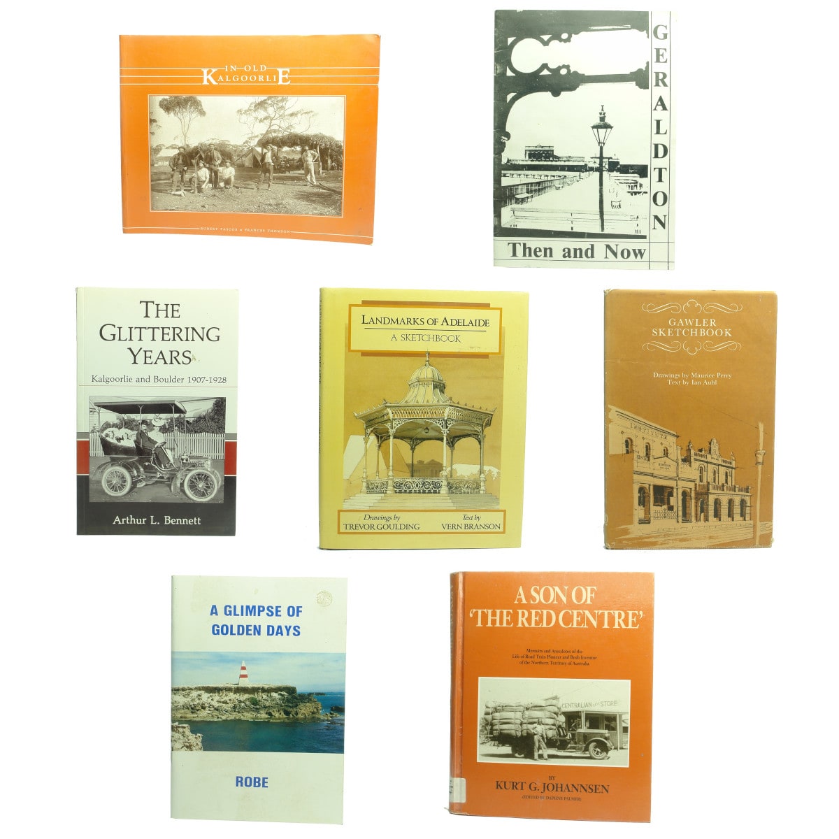 7 Books: 1. In Old Kalgoorlie. 2. Geraldton, Then and Now, . 3. The Glittering Years. Kalgoorlie and Boulder. 4. Landmarks of Adelaide. 5. Gawler Sketchbook. 6. A Glimpse of Golden Days, Robe. 7. A Son of 'The Red Centre'.