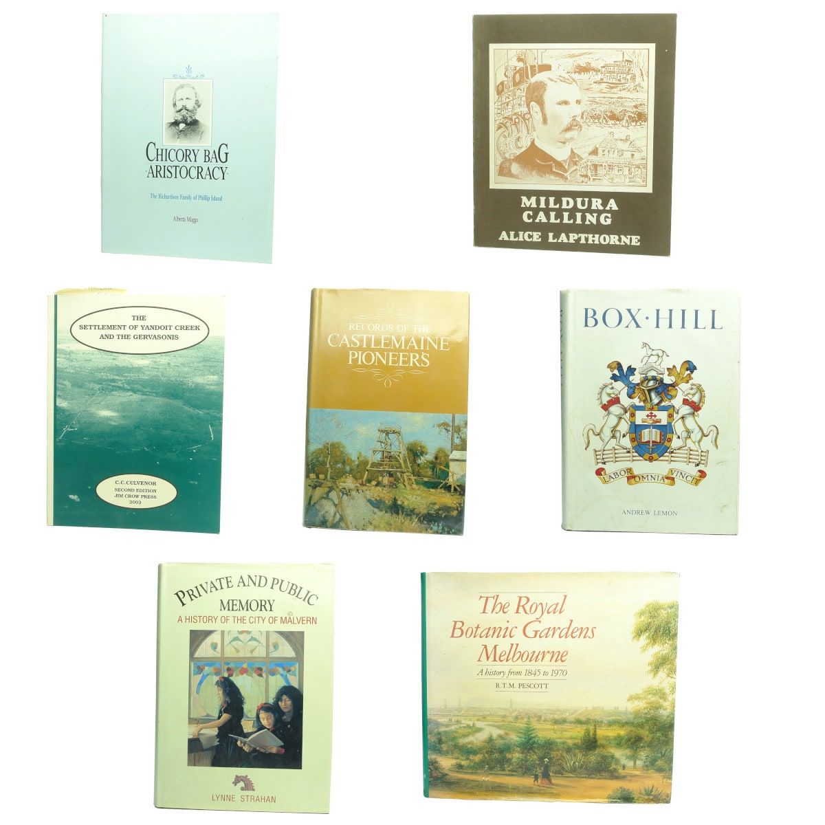 7 Books: 1. Chicory Bag Aristocracy, Richardson Phillip Island. 2. Mildura Calling. 3. Yandoit Creek The Gervasonis. 4. Records Castlemaine Pioneers. 5. Box Hill. 6. The City of Malvern. 7. The Royal Botanic Gardens Melbourne, 1845 to 1970. (Victoria)