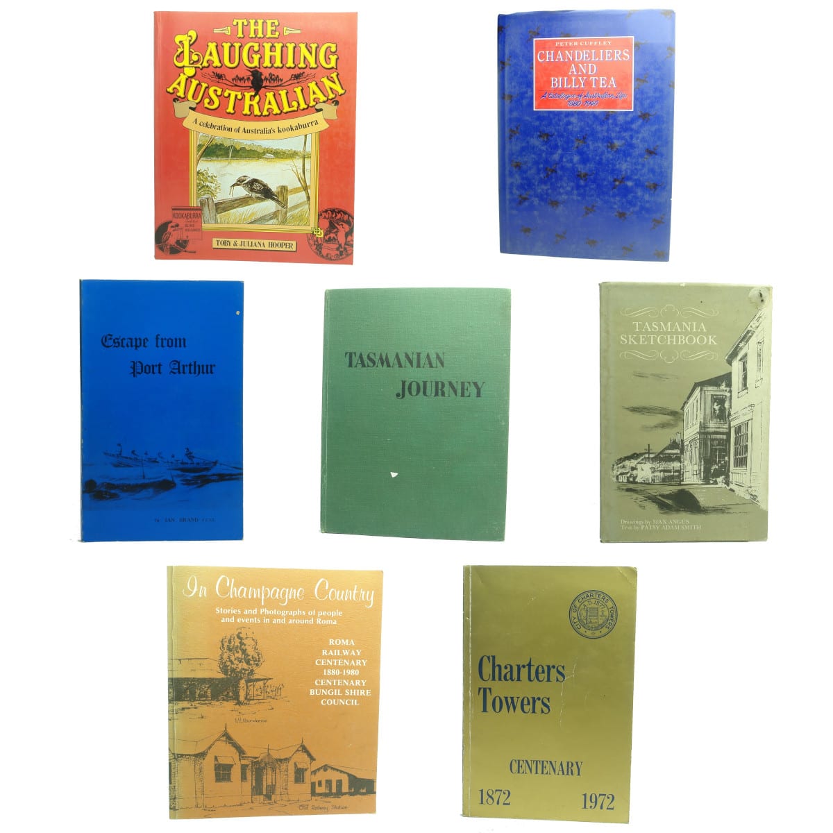 7 Books. 1. The Laughing Australian, kookaburra. 2. Chandeliers and Billy Tea. 3.  Escape from Port Arthur. 4. Tasmanian Journey. 5. Tasmania Sketchbook. 6. Roma Railway Centenary. 7. Charters Towers Centenary.