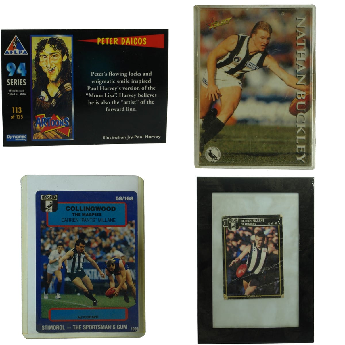 4 Collingwood Footy Cards. Peter Daicos. AFLPA 94 series, Artoons, 113 of 125; Nathan Buckley, AFLPA 1995 Select Series, 108 of 250; Darren "Pants" Millane, 1990 Stimorol Footy Card, 59 of 168; Darren Millane, Scanlens Footy Card, 15 of 132.