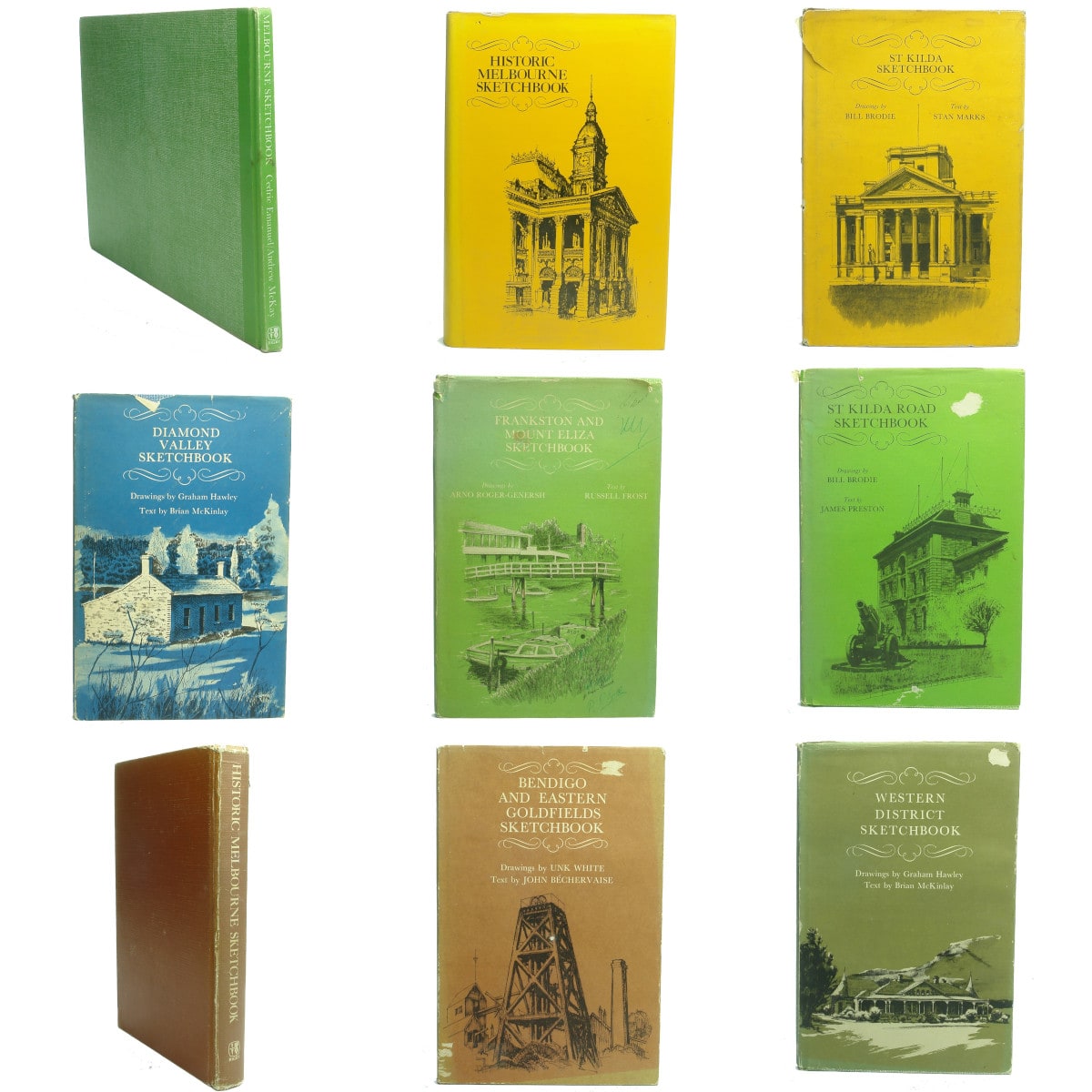 9 Victorian Sketchbook History Series Books: 1. Melbourne. 2. Historic Melbourne. 3. St Kilda. 4. Diamond Valley. 5. Frankston and Mount Eliza. 6. St Kilda Road. 7. Historic Melbourne. 8. Bendigo and Eastern Goldfields. 9. Western District. (Victoria)