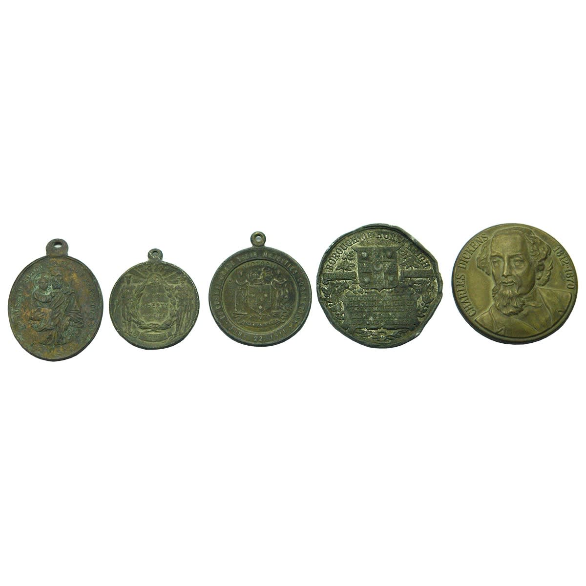 5 x medallions: St Joseph Model of Purity; Victory, 1919; Coronation, June 22, 1911, King George V, Queen Mary; Borough of Hurstleigh, Burgess Mayor, Coronation of King George V and Queen Mary, June 11; Charles Dickens, 1812-1870.