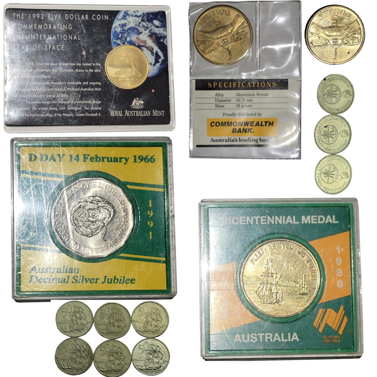 Commemorative Coins & Medals: 1992 $5 Year of Space; 2 x $5 1988; 50 cent rams Head; 1988 Bicentennial Medal; 6 NZ 20c; 3 2016 Commemorative 10c.