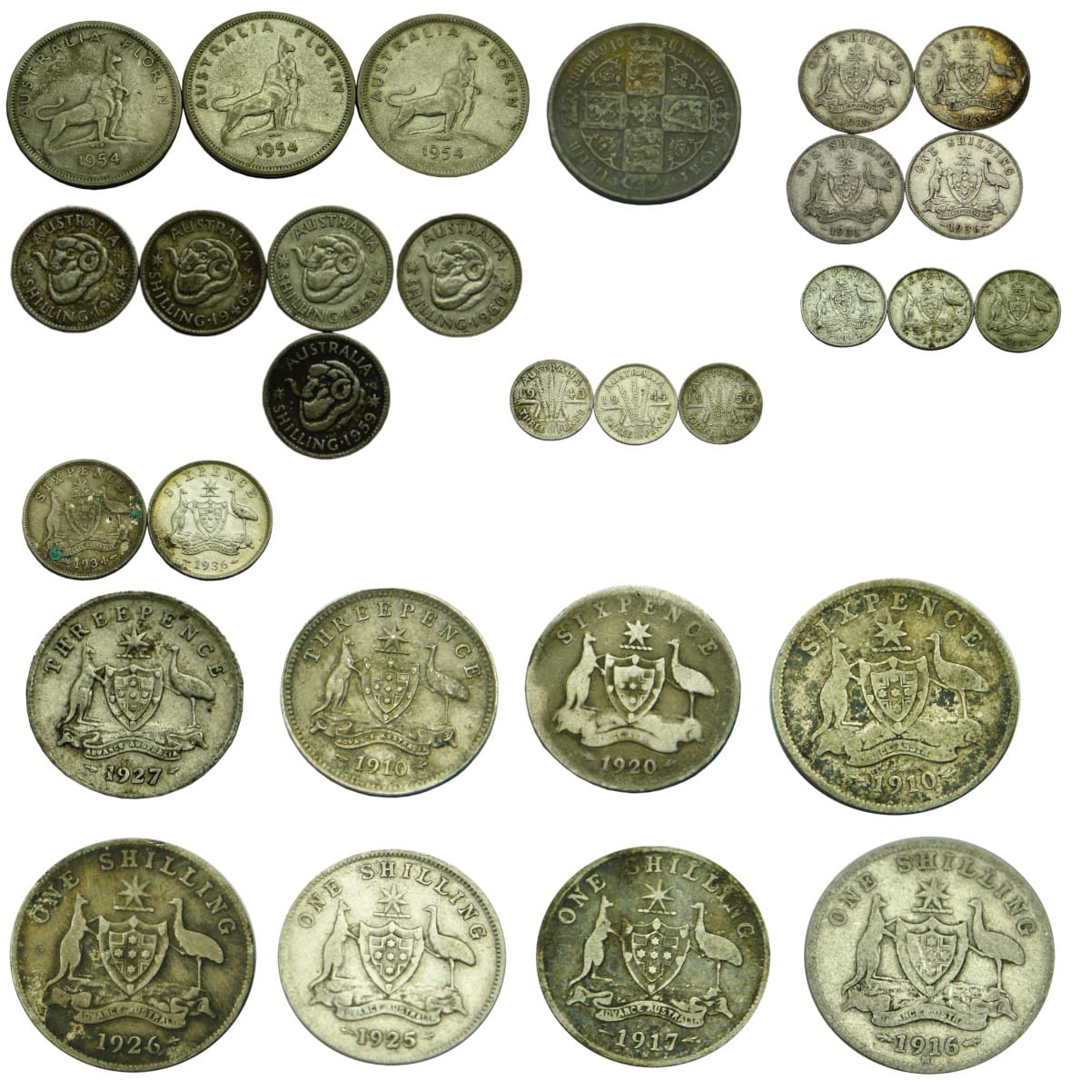 29 Silver Coins: 3 x 1954 Florins; 1 x 1874 English Florin; 13 Australian Shillings; 7 Australian Sixpences; 5 Australian Threepences.