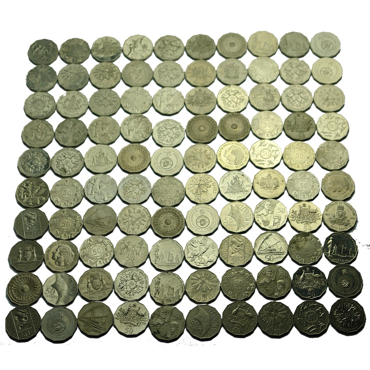 Numismatics. 100 x various Australian commemorative 50 cents coins.