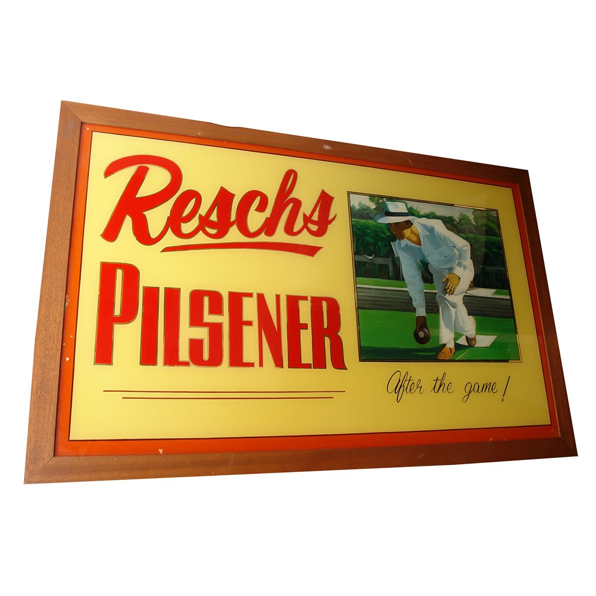 Beer. Reschs Pilsener "After the game!" Painted Glass Advertising "Mirror" with man playing lawn bowls. 181 x 116 cm. (NOT FOR POST) (New South Wales)