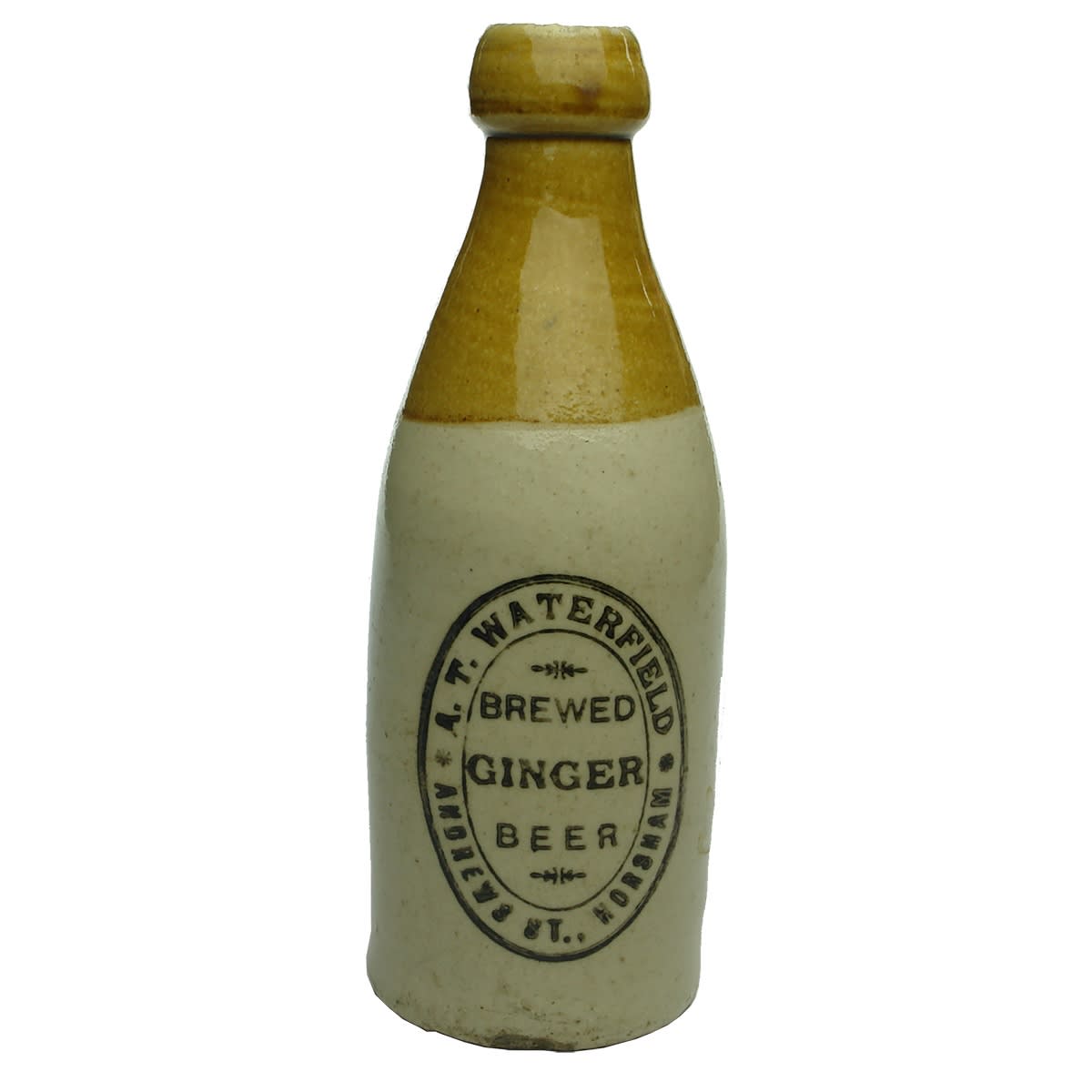 Ginger Beer. A. T. Waterfield, Horsham. Champagne. Tan Top, Blob Top. Bendigo Pottery. (Victoria)